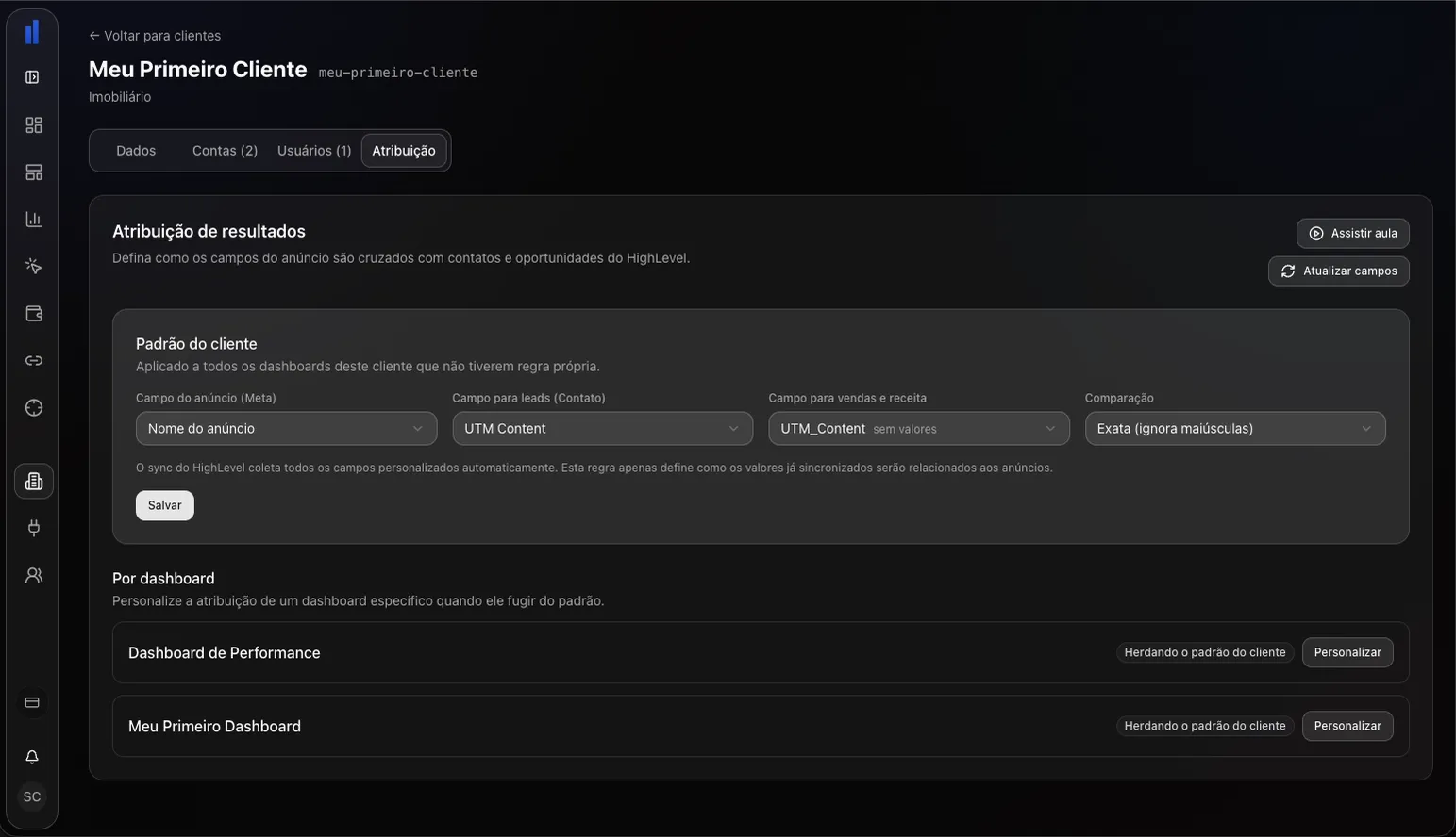 Configuração de atribuição cruzando o nome do anúncio do Meta com o campo UTM Content do HighLevel